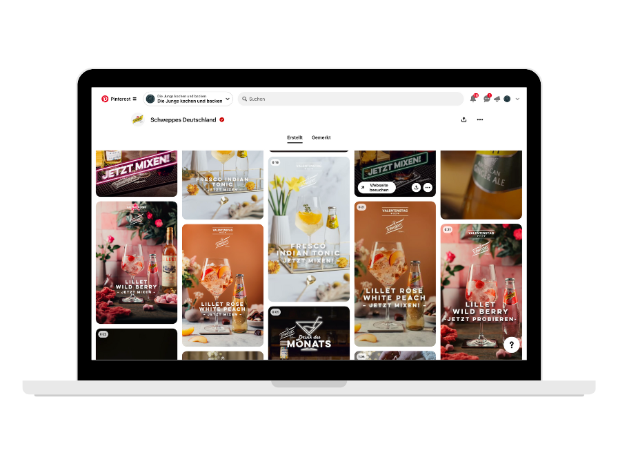 Pinterest Account von Schweppes mit unseren Drink und Food-Assets